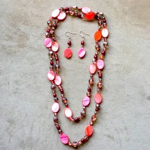 Glass Beaded Necklace and Earrings in Orange And Red
